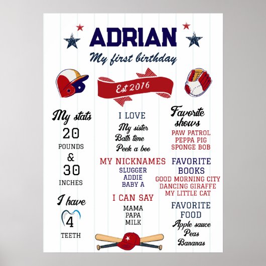 1. Geburtstag Meilenstein Baseball Poster (Vorne)