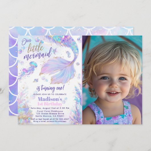1. Geburtstag Mermaid Foto Geburtstag Einladung (Vorne/Hinten)