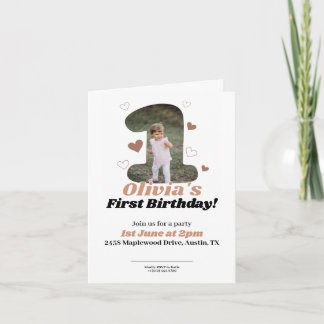 1. Geburtstag Minimalistisch Beige Teddy Heart Einladung