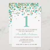 1. Geburtstag Minze Gold Glitzer Sparkle Confetti Einladung (Vorne/Hinten)