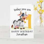 1. Geburtstag mit unserer bezaubernden Kuh Karte (Gelbe Blume)