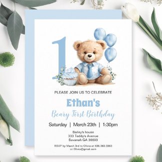 1. Geburtstag Moderner Blue Teddy Bären Einladung