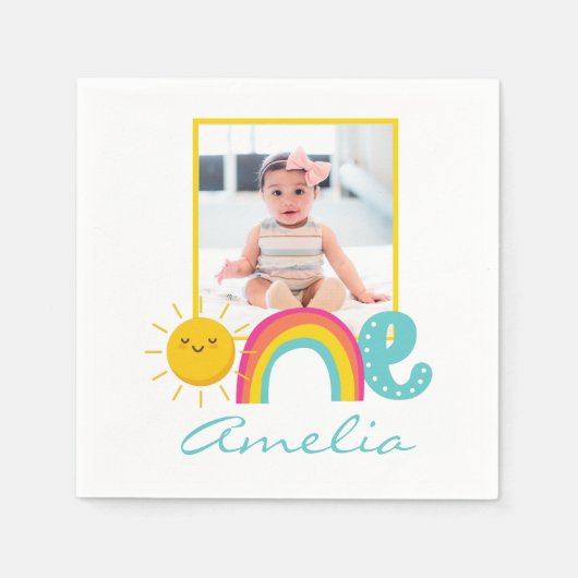 1. Geburtstag Napkins Custom Foto & Name Rainbow Serviette (Vorderseite)