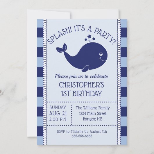 1. Geburtstag Nautical Blue Whale Blue Navy Streif Einladung (Vorderseite)