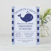 1. Geburtstag Nautical Blue Whale Blue Navy Streif Einladung (Stehend Vorderseite)