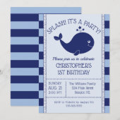 1. Geburtstag Nautical Blue Whale Blue Navy Streif Einladung (Vorne/Hinten)