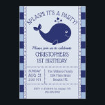 1. Geburtstag Nautical Blue Whale Blue Navy Streif Einladung<br><div class="desc">Mit dieser niedlichen nautischen Unterkunft laden Sie Ihre Gäste stilvoll in das 1. Party Ihres Sohnes ein. Dieses inspirierte Design an der Küste zeichnet sich durch hellblauen und marinierten Hintergrund mit einem niedlichen Blauwal aus, dessen Sterne sich aus dem Auslauf herausbilden. Die Worte über dem Wal lesen "Splash! Es ist...</div>