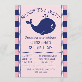 1. Geburtstag Nautical Blue Whale Pink Blue Streif Einladung