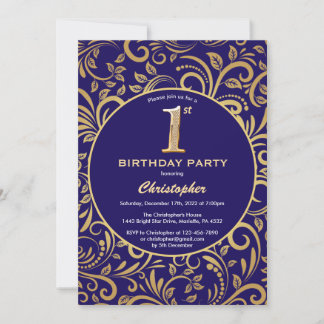 1. Geburtstag Navy Blue and Gold Floral Muster Einladung