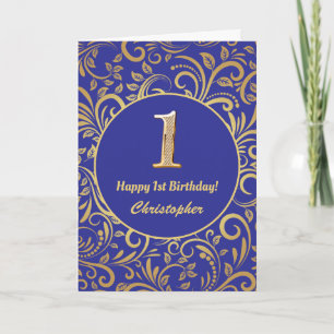 1. Geburtstag Navy Blue and Gold Floral Muster Karte