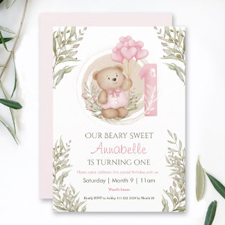 1. Geburtstag Niedlich Baby Bear Pink Heart Balloo Einladung