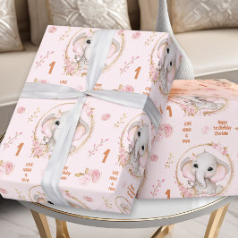 1. Geburtstag Niedlich Elephant Floral Pink Girl N Geschenkpapier