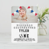 1. Geburtstag Niedlich Fußball Kinderfußball Foto Einladung (Stehend Vorderseite)