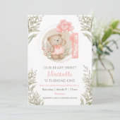 1. Geburtstag Niedlich Teddy Bären Peach Herzblase Einladung (Stehend Vorderseite)