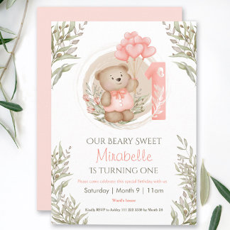 1. Geburtstag Niedlich Teddy Bären Peach Herzblase Einladung