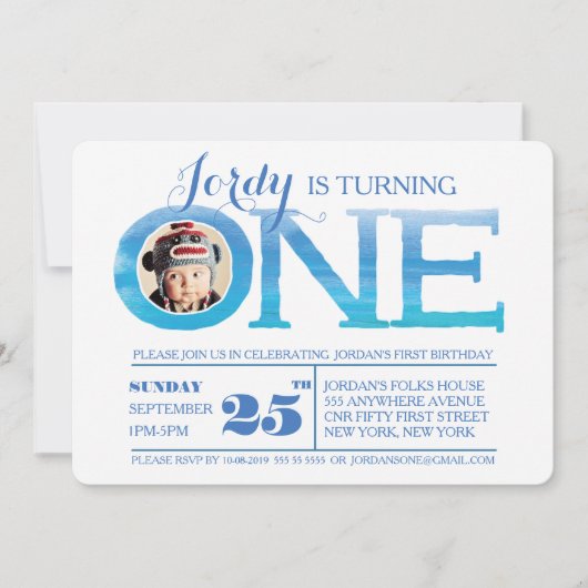 1. Geburtstag Ombre Wasserfarbe 1 Foto Einladung (Vorderseite)