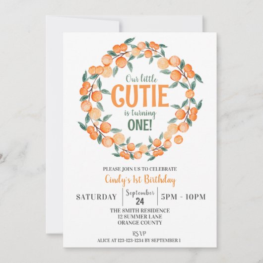 1. Geburtstag, Orangenzitruskranz Einladung (Vorderseite)