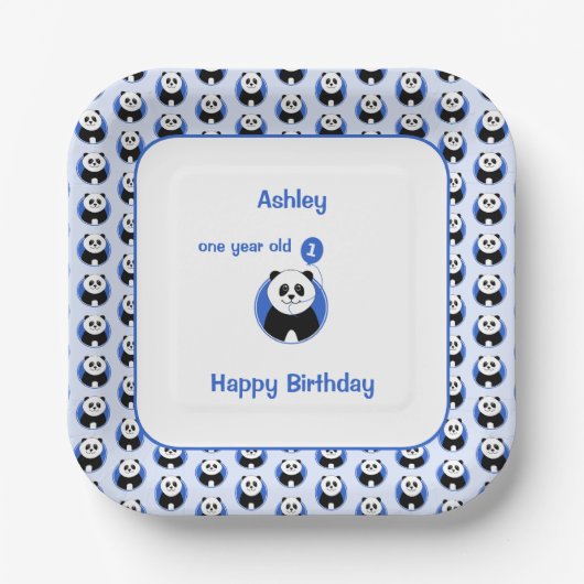 1. Geburtstag Panda blauer Ballon Pappteller (Vorderseite)