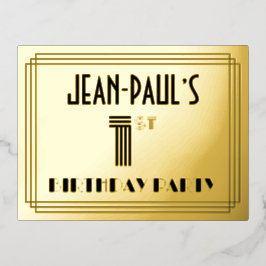1. Geburtstag Party ~ Art Deco Stil "1" + Name Folie Einladungspostkarte