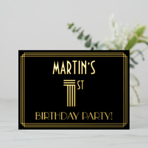 1. Geburtstag Party — Art-Deco-Stil "1" + Name Folieneinladung