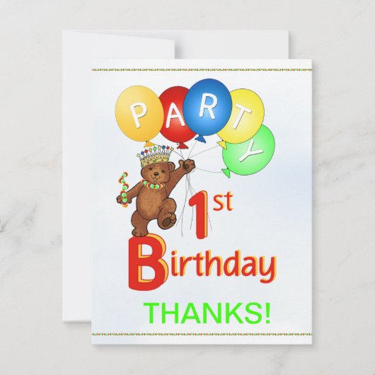 1. Geburtstag Party BearVielen Dank Einladung (Vorderseite)