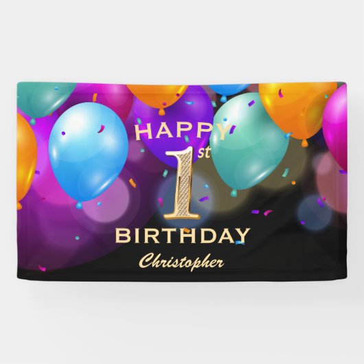 1. Geburtstag Party Black and Gold Balloons Banner (Horizontal)