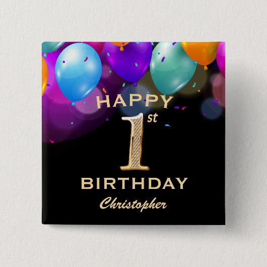1. Geburtstag Party Black and Gold Balloons Button (Vorderseite)