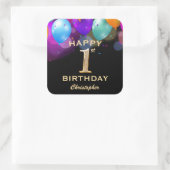 1. Geburtstag Party Black and Gold Balloons Quadratischer Aufkleber (Tasche)