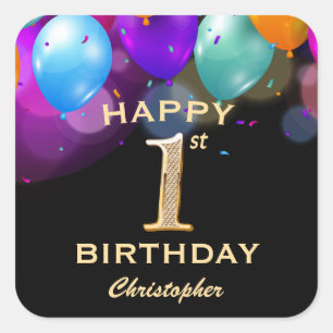 1. Geburtstag Party Black and Gold Balloons Quadratischer Aufkleber