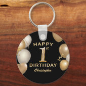 1. Geburtstag Party Black and Gold Balloons Schlüsselanhänger (Vorderseite)