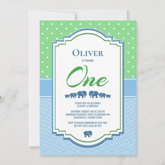 1. Geburtstag Party Blaue Elefanten Einladung (Vorderseite)