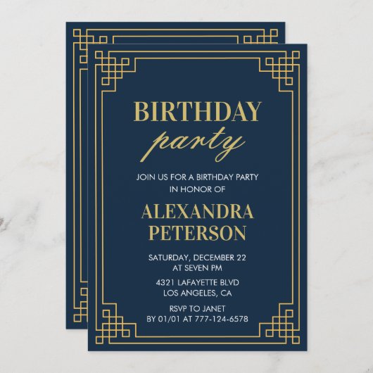 1. Geburtstag Party Einladung Navy Gold (Vorne/Hinten)