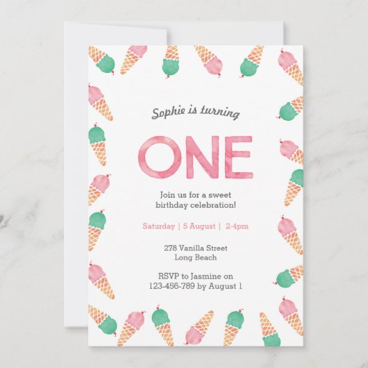 1. Geburtstag Party | Einladung von Eiscreme (Vorderseite)