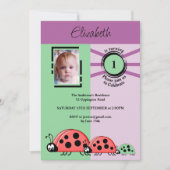 1. Geburtstag Party Foto Ladybug grün lila Einladung (Vorderseite)