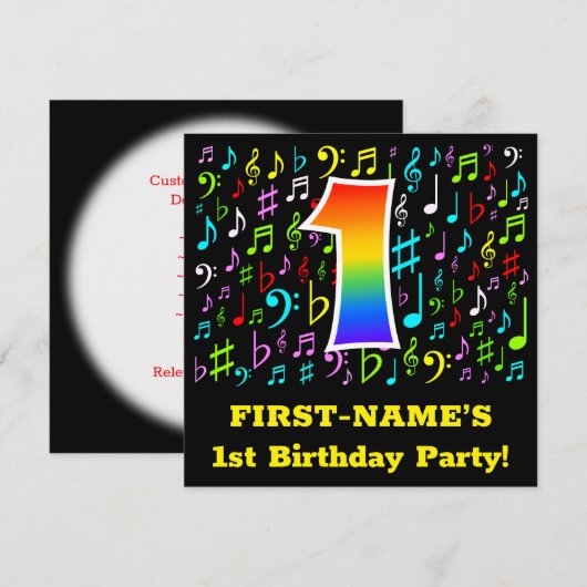 1. Geburtstag Party: Fun Music Symbols, Rainbow 1 Einladung (Vorne/Hinten)