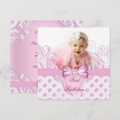 1. Geburtstag Party Girl Pink White Bow Image Einladung (Vorne/Hinten)