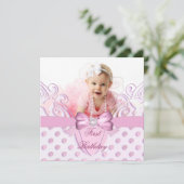 1. Geburtstag Party Girl Pink White Bow Image Einladung (Stehend Vorderseite)