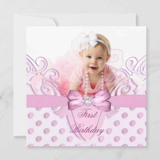 1. Geburtstag Party Girl Pink White Bow Image Einladung (Vorderseite)