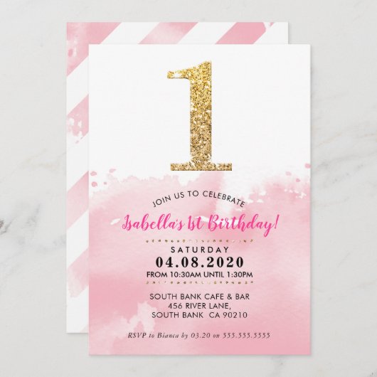 1. GEBURTSTAG PARTY INVITE Modernes Gold Glitzer R Einladung (Vorne/Hinten)