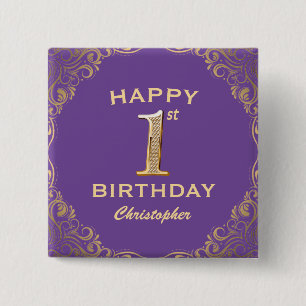 1. Geburtstag Party Lila und Gold Glitzer Frame Button