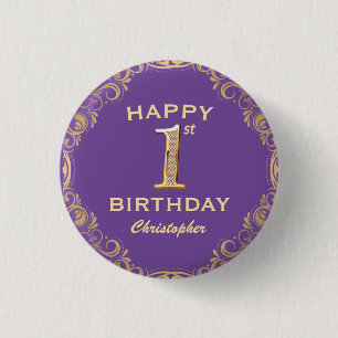 1. Geburtstag Party Lila und Gold Glitzer Frame Button