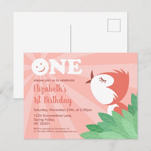 1. Geburtstag Party Niedlich Chick Bird Girl Postk Einladungspostkarte (Vorne/Hinten)