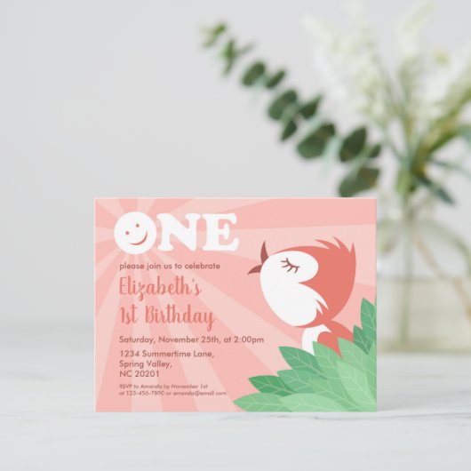 1. Geburtstag Party Niedlich Chick Bird Girl Postk Einladungspostkarte (Stehend Vorderseite)