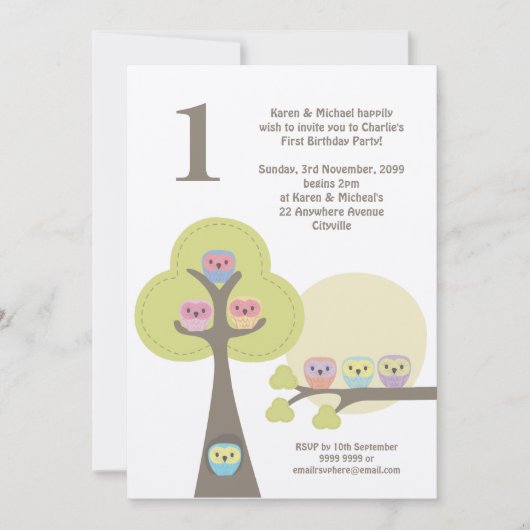 1. Geburtstag Party Night Owls Niedliche Einladung (Vorderseite)