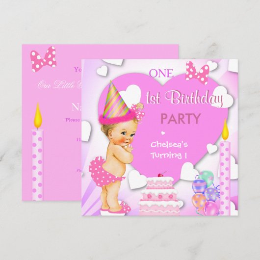 1. Geburtstag Party Pink Blonde Baby Girl Einladung (Vorne/Hinten)