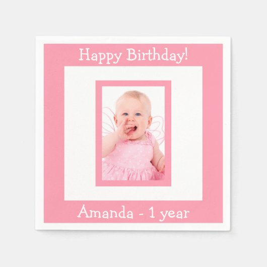 1. Geburtstag Party Rosa Foto Mädchen Serviette (Vorderseite)
