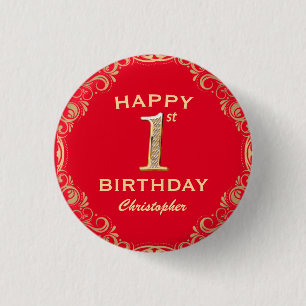 1. Geburtstag Party Rot und Gold Glitzer Rahmen Button