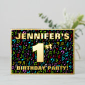 1. Geburtstag Party — Spaß, bunte Musiksymbole Folieneinladung (Stehend vorne)