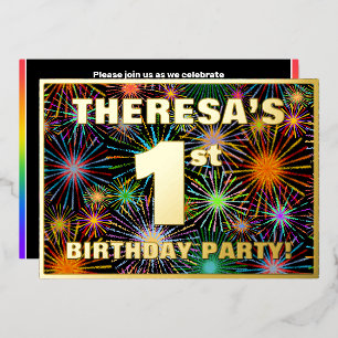 1. Geburtstag Party — Spaß, farbenfrohe Feuerwerke Folieneinladung