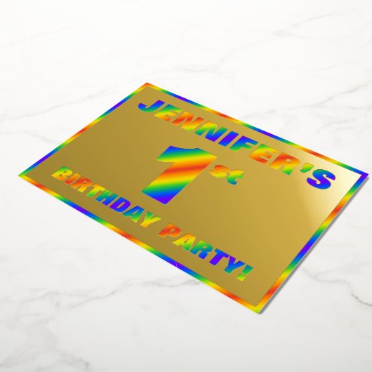 1. Geburtstag Party — Spaß, Regenbogenspektrum "1" Folieneinladung (Gedreht)